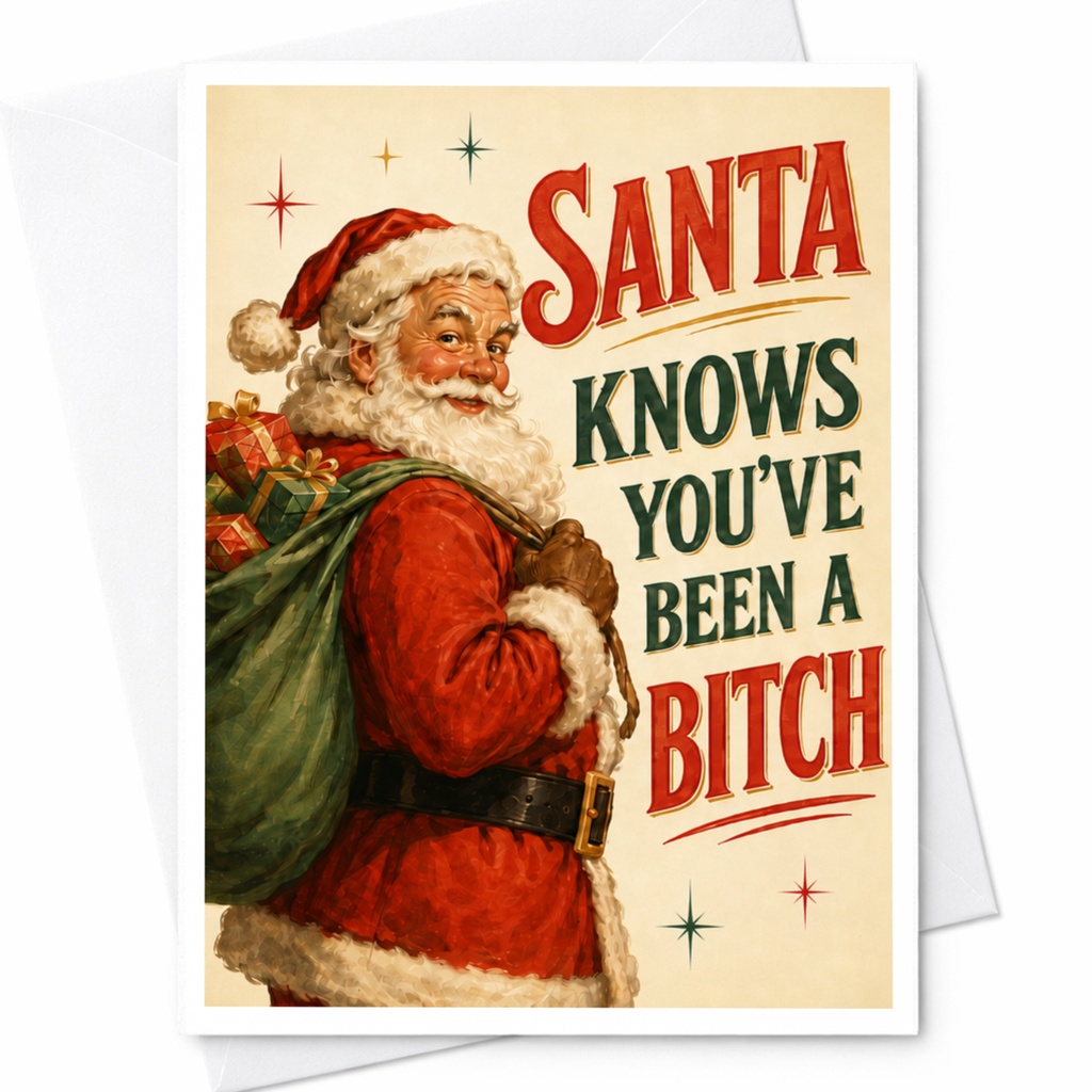 Santa Knows You've Been A Bitch Funny Christmas Card Sarcastic Holiday For Friend Naughty Santa Card C5355