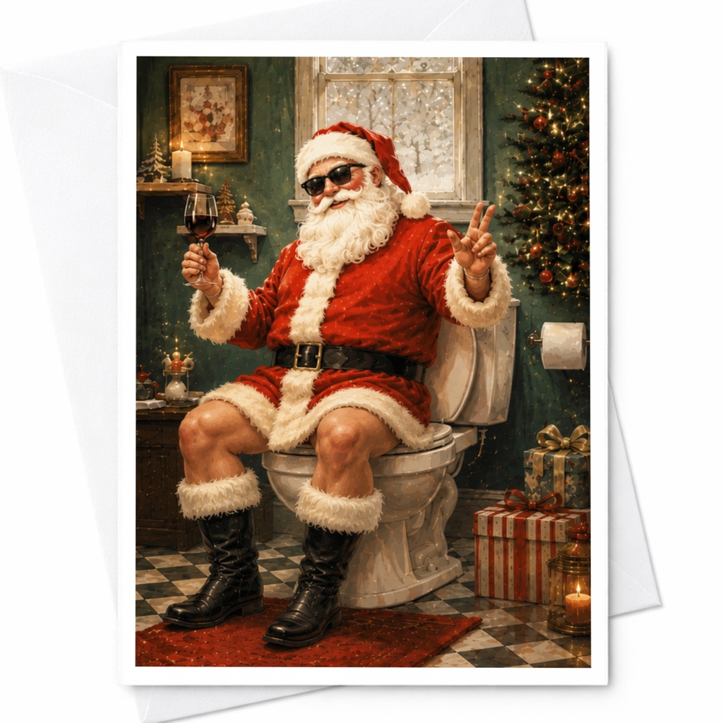Funny Santa Christmas Greeting Card Santa With Wine On Toilet Holiday Festive Card For Wine Lover Unique Xmas Card C5356