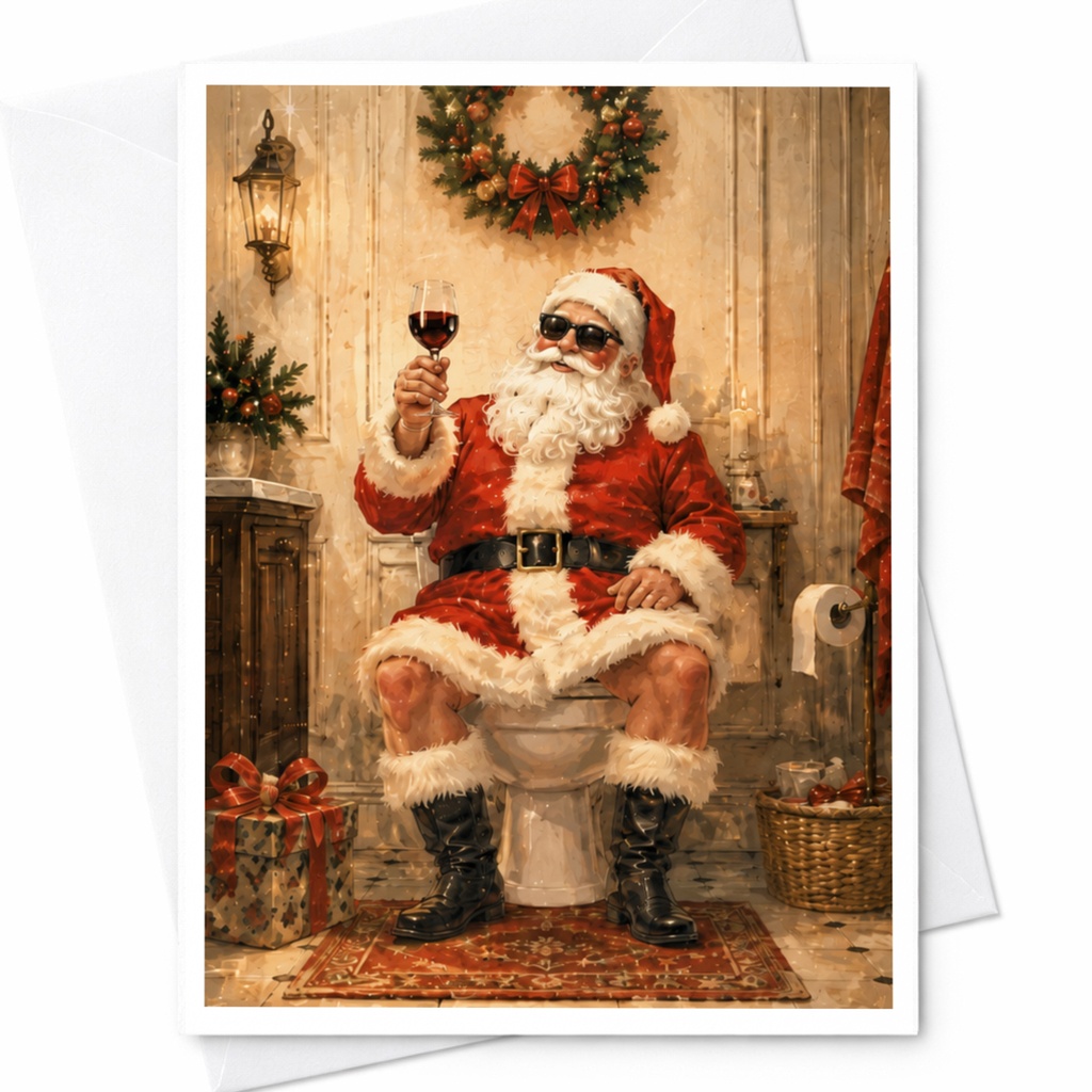 Funny Santa Christmas Greeting Card Santa With Wine On Toilet Holiday Festive Card For Wine Lover Unique Xmas Card C5357