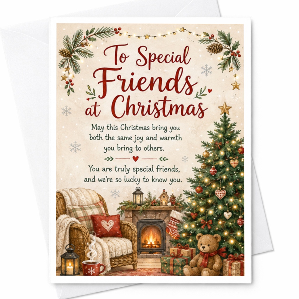 To Special Friends At Christmas Cozy Christmas Card Holiday Greeting Card For Friends Warm Wishes Festive Scene With Tree C5360