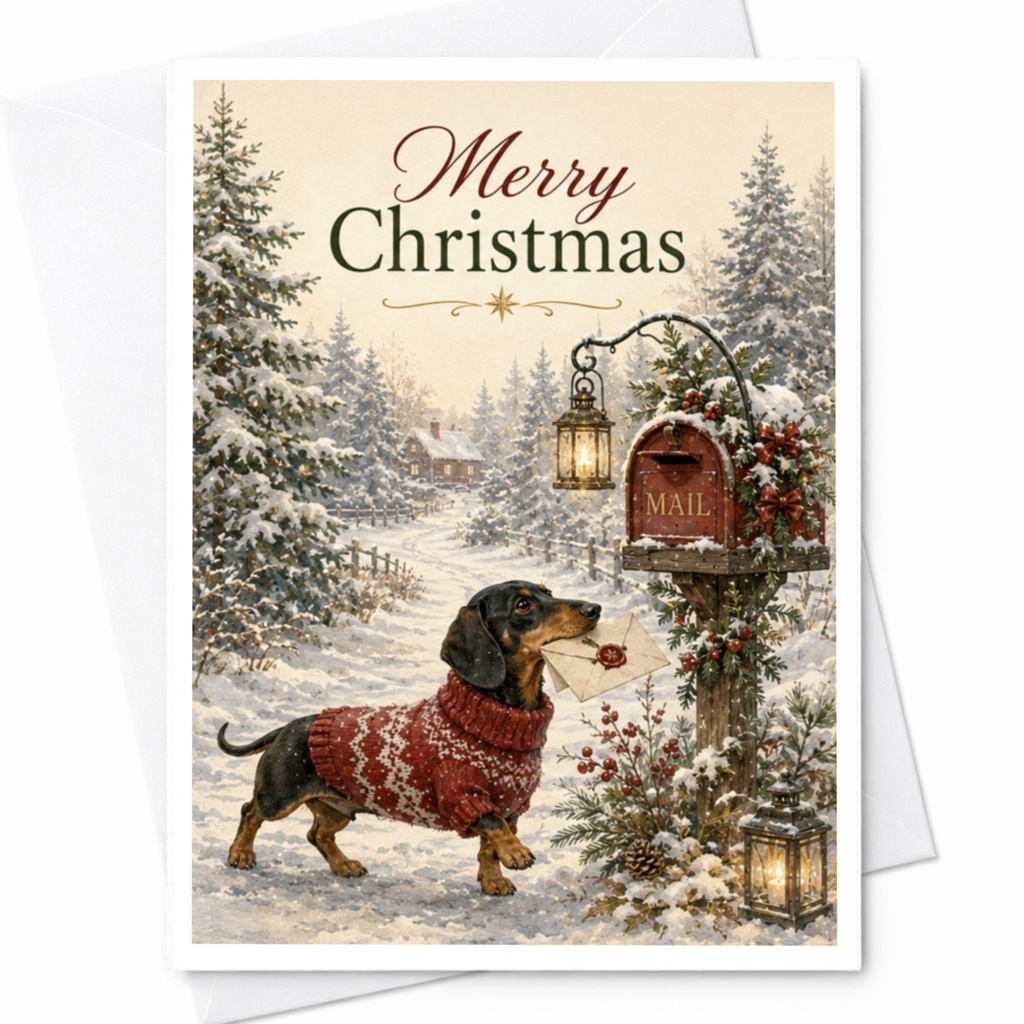 Merry Christmas Cute Dachshund Card Festive Holiday Greeting Card Dog Lover Winter Scene Christmas Card For Family Friends C5362