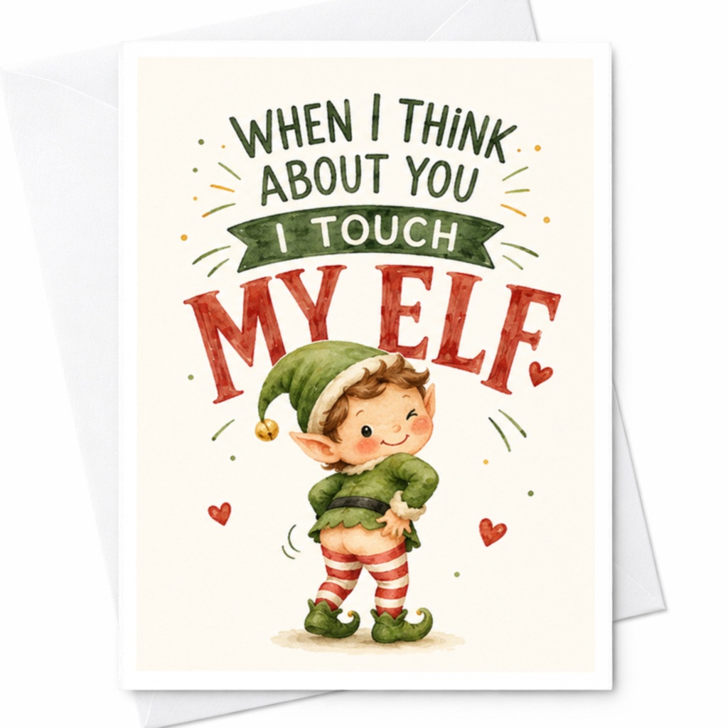 When I Think About You I Touch My Elf Funny Christmas Card Cheeky Elf Holiday Greeting Card For Friend Cute Xmas Card C5364