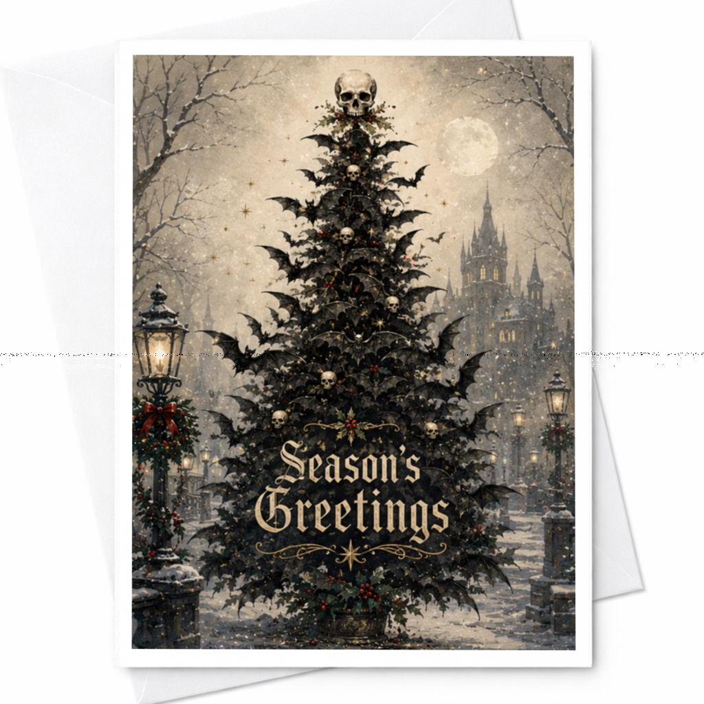 Season's Greetings Gothic Christmas Card Dark Holiday Card Skulls Bats Unique Xmas Card For Friends Family Spooky Winter C5375