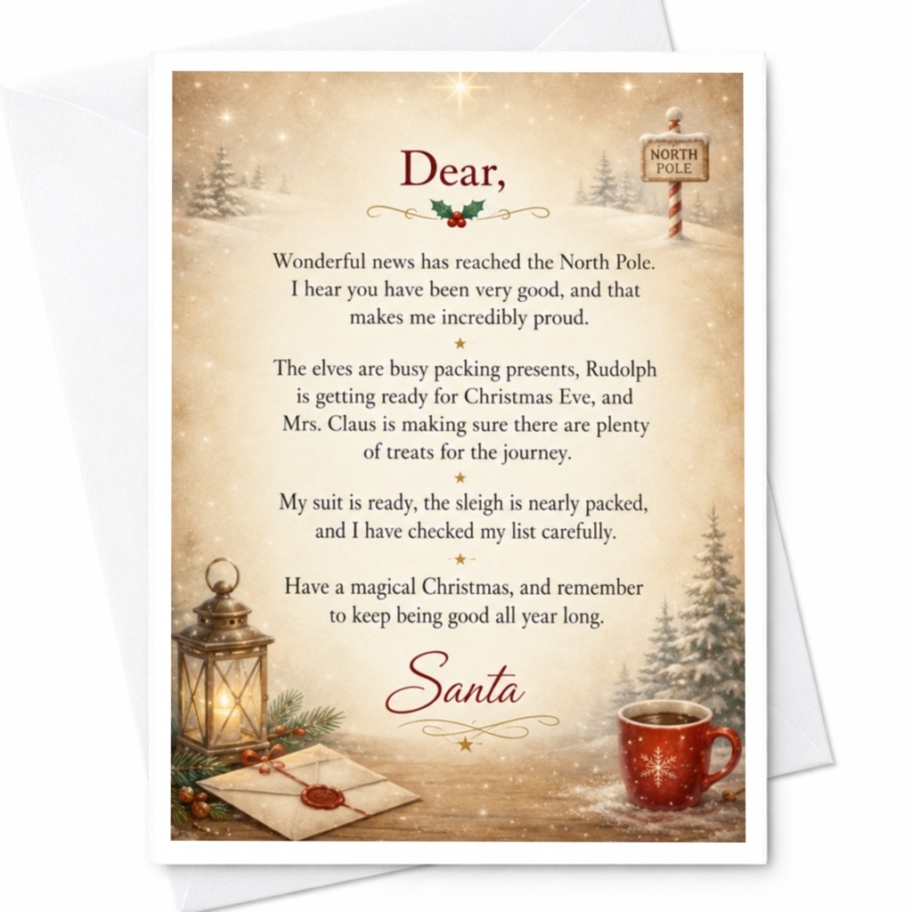 Dear, Wonderful News Has Reached The North Pole Christmas Card Magical Holiday Greeting From Santa Claus Festive Card C5380