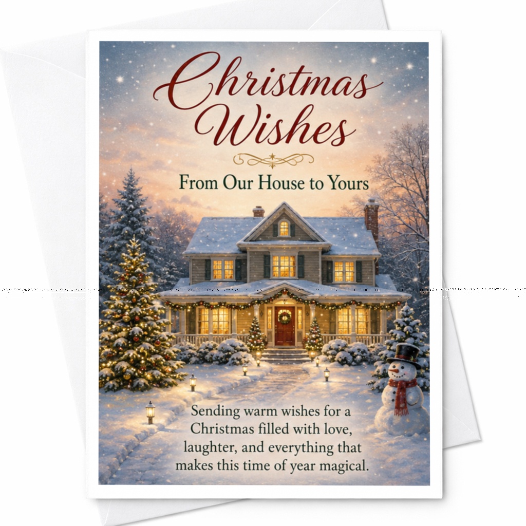 Christmas Wishes From Our House To Yours Festive Christmas Card Family Holiday Greeting Winter Scene Snowman Trees C5382