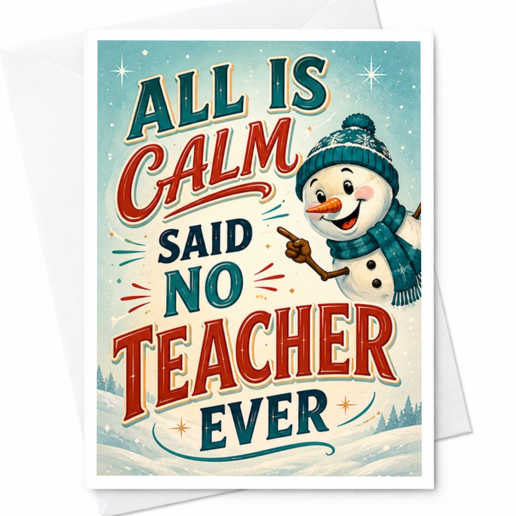 All Is Calm Said No Teacher Ever Funny Christmas Card Holiday Greeting Card For Teachers Snowman C5386