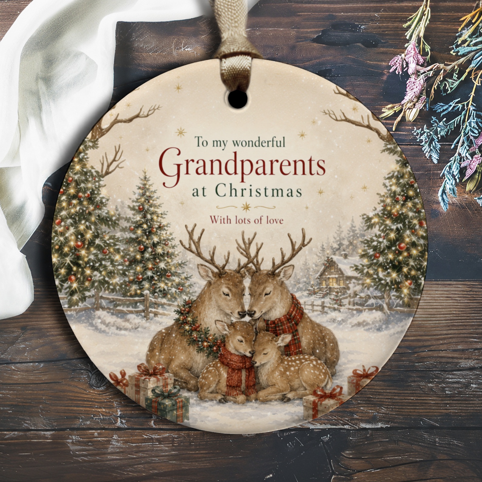 To My Wonderful Grandparents At Christmas Ornament Deer Family Winter Scene Holiday Decoration With Lots Of Love O1178