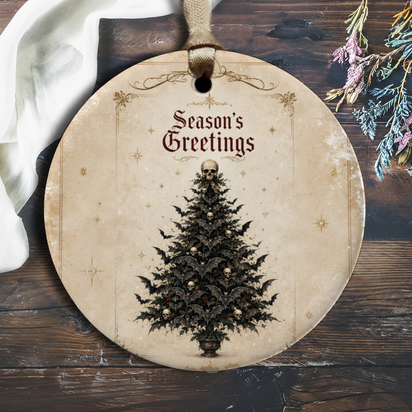 Season's Greetings Gothic Christmas Ornament Skull Tree Holiday Decor Unique Dark Christmas Decoration O1187
