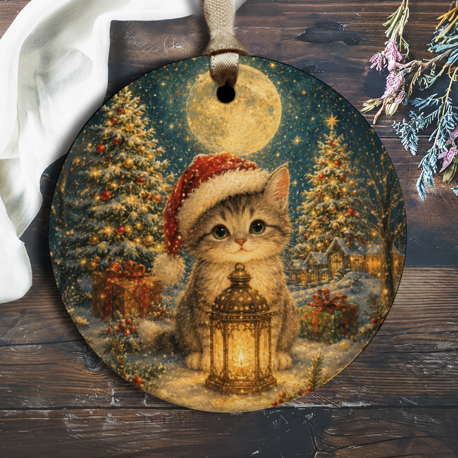 Christmas Kitten Ornament Cute Cat With Santa Hat Lantern Holiday Decor Festive Tree Decoration Gift For Cat Lovers O1189