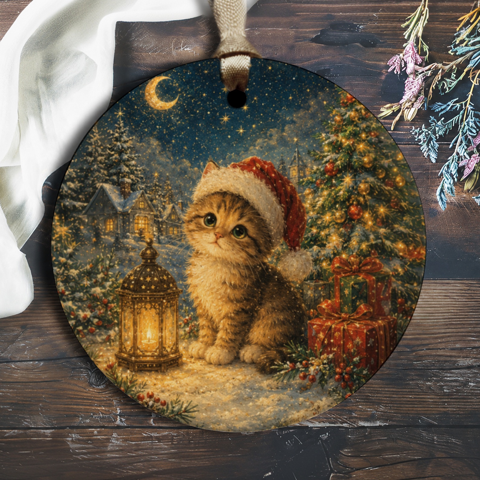 Christmas Kitten Ornament Cute Cat With Santa Hat Holiday Decor Festive Tree Decoration For Cat Lovers Winter Scene O1190