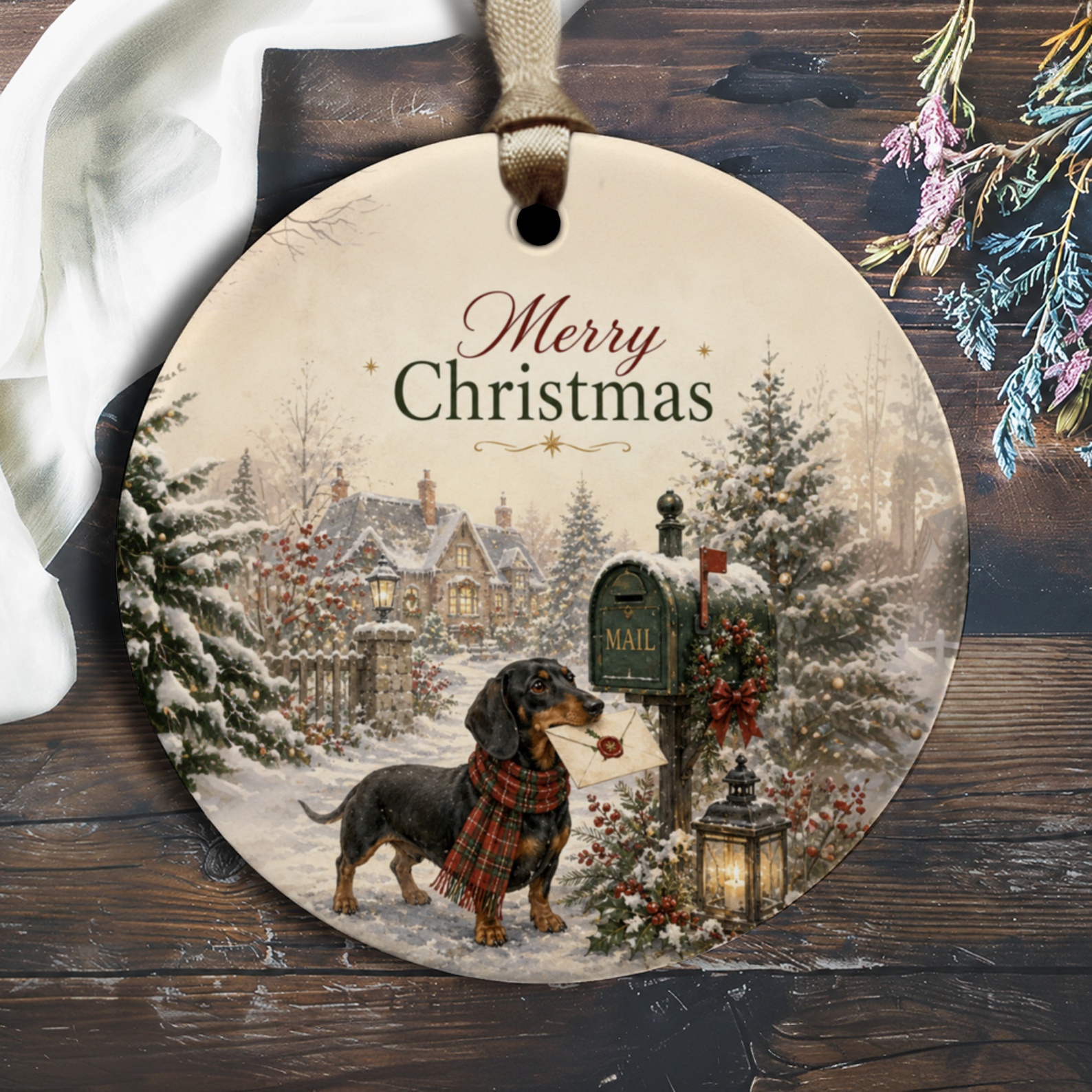 Merry Christmas Ornament Dachshund With Letter By Mailbox Winter Scene Holiday Decor Cute Dog Lover Gift O1199