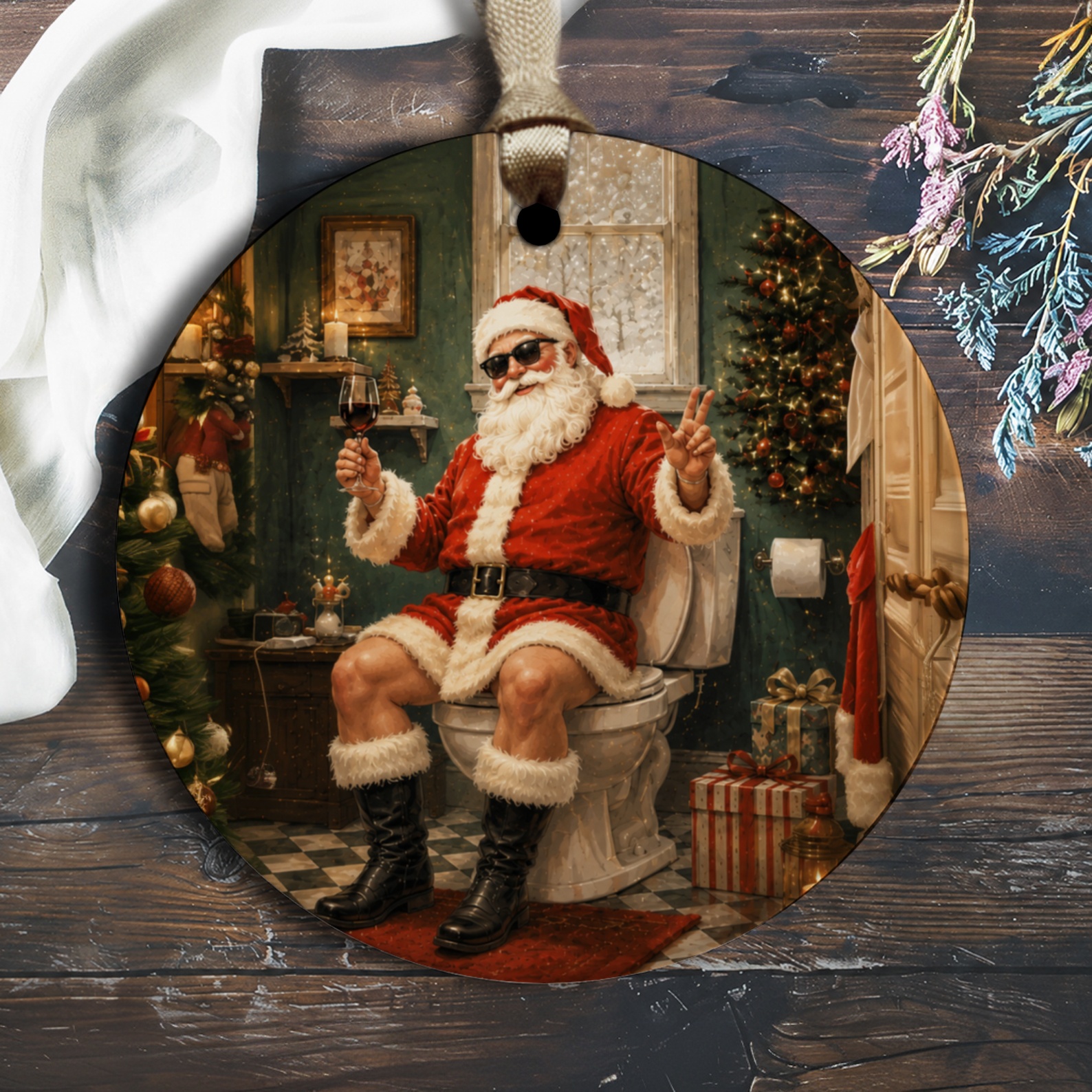Santa With Wine Glass Funny Christmas Ornament Holiday Decor Santa Claus Bathroom Festive Tree Decoration Gift O1205