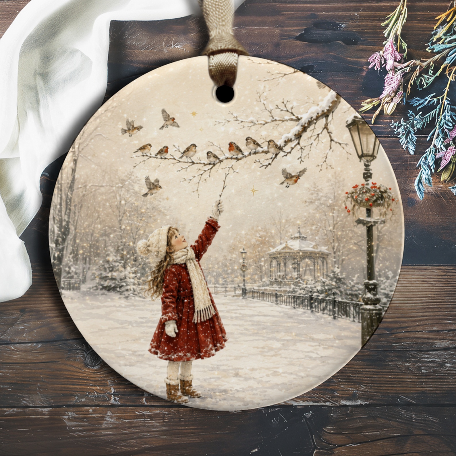 Winter Scene Ornament Christmas Decoration Girl With Birds Snowy Park Holiday Decor Gift For Nature Lover O1217