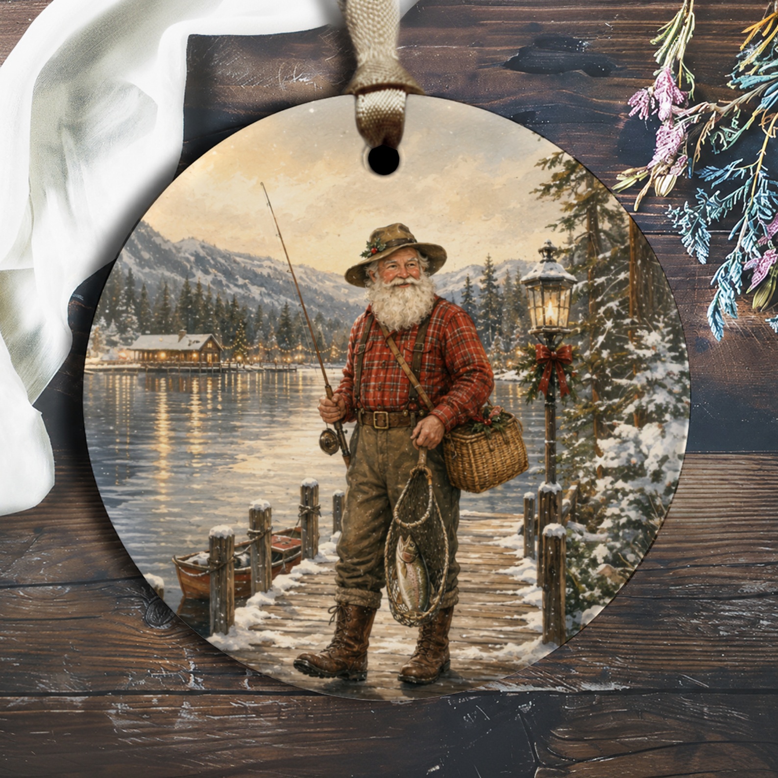 Santa Fishing Scene Christmas Ornament Rustic Holiday Decor Winter Cabin Snowy Landscape Festive Home Decoration O1219