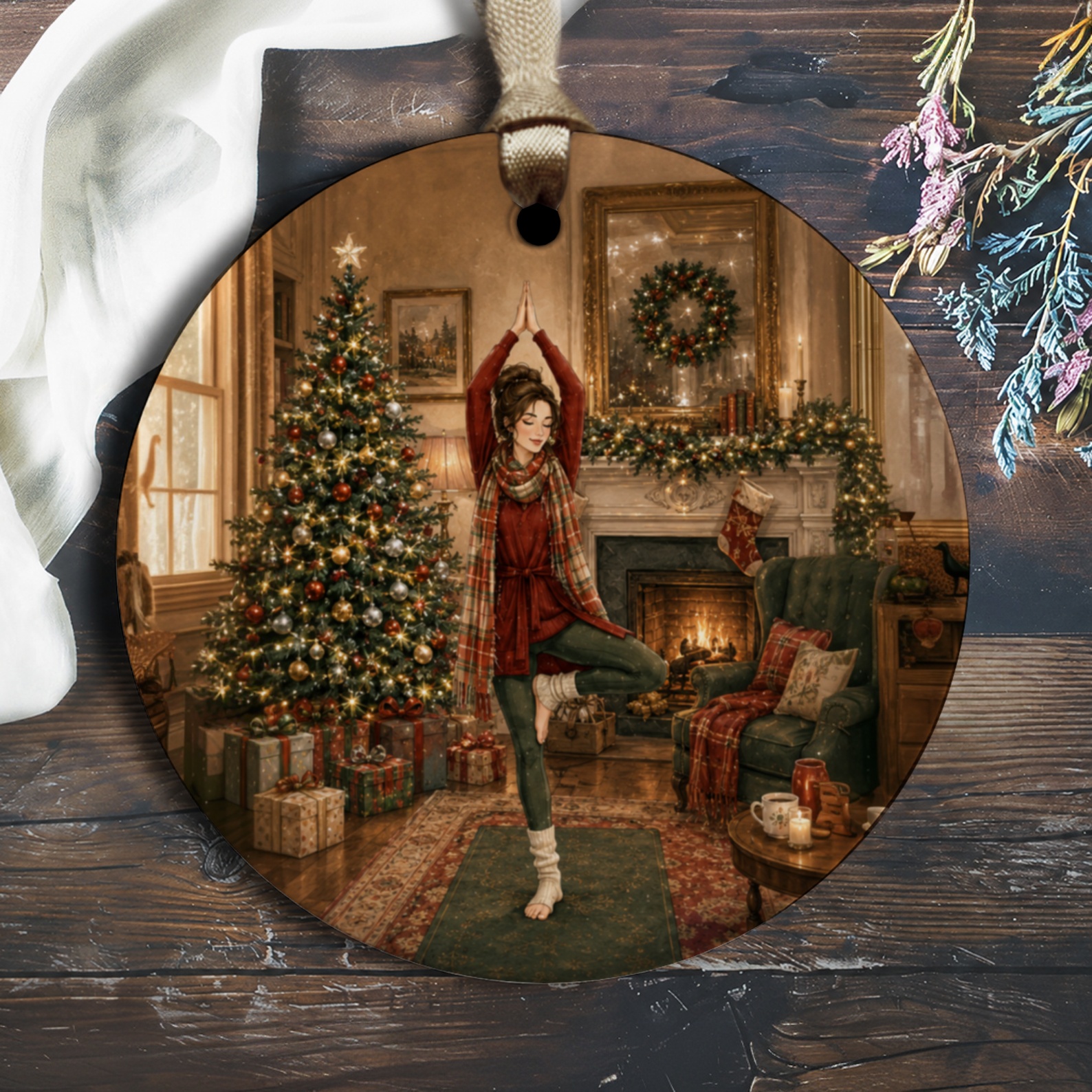 Christmas Yoga Ornament Cozy Holiday Decor Woman By Tree Festive Home Decoration Gift For Yoga Lover Relaxing Christmas Scene O1222