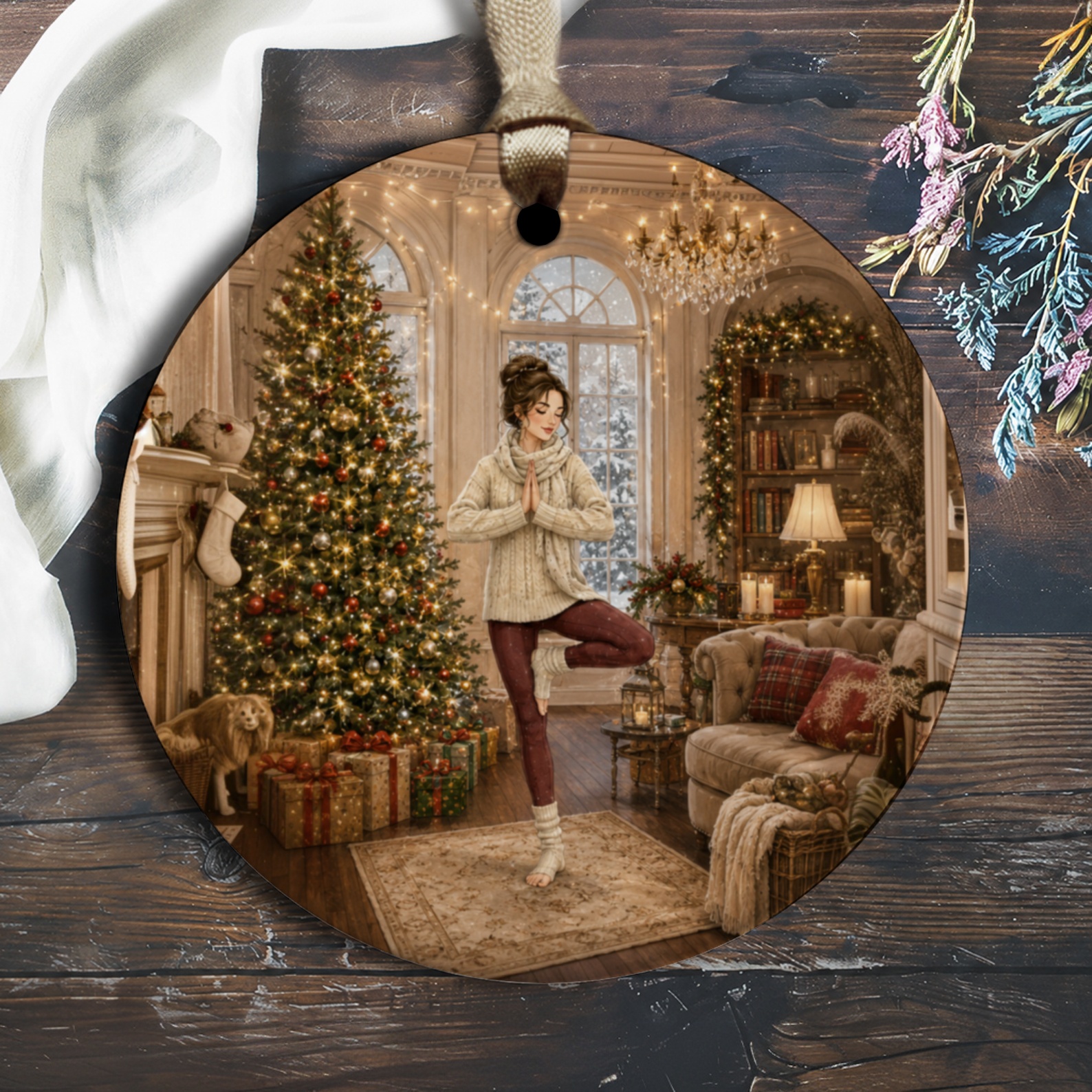 Christmas Yoga Ornament Cozy Holiday Decor Woman Meditating By Tree Festive Home Decoration Gift For Yoga Lover O1223