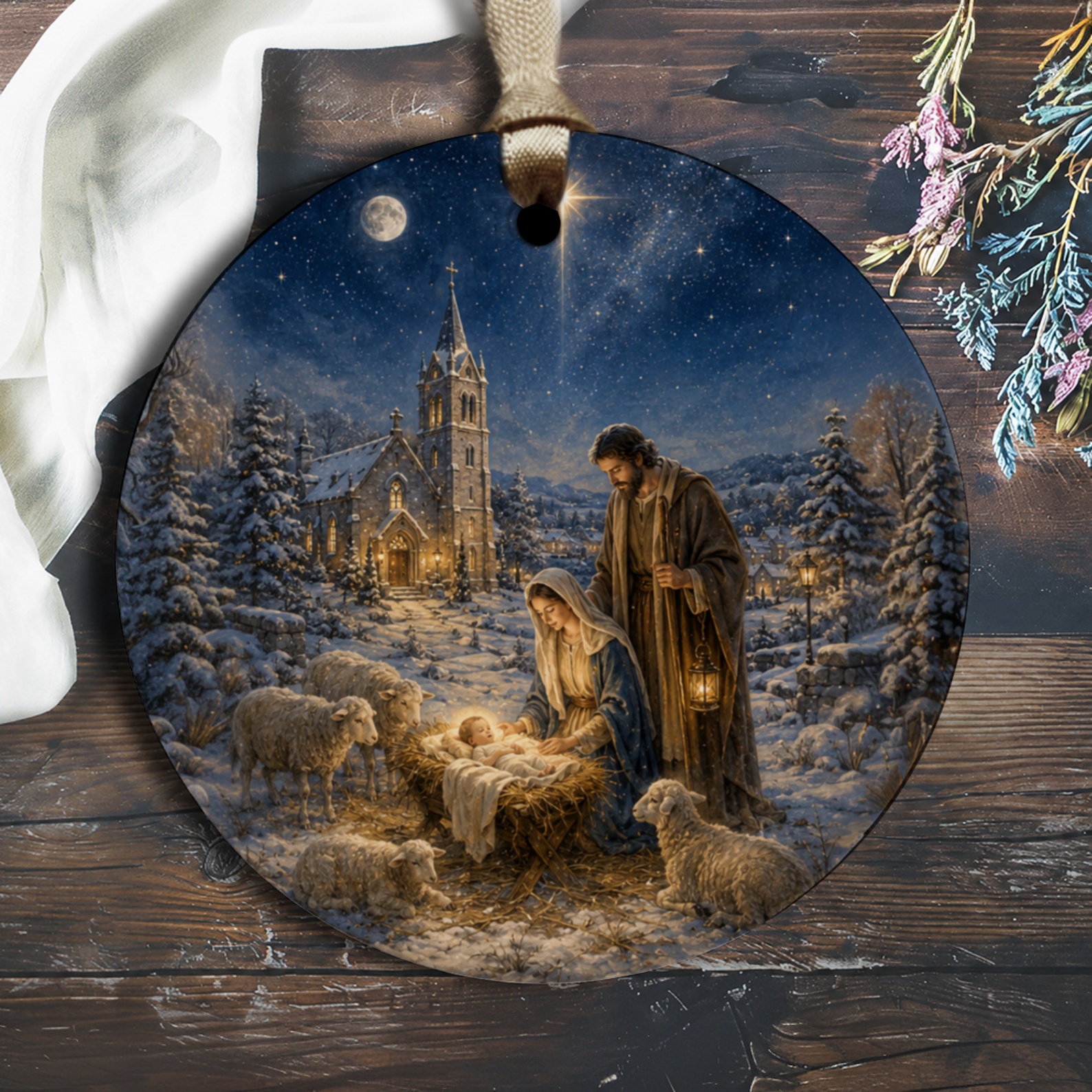 Nativity Scene Ornament Christmas Decor Religious Holiday Decoration Holy Family Shepherds Church Starry Night O1225