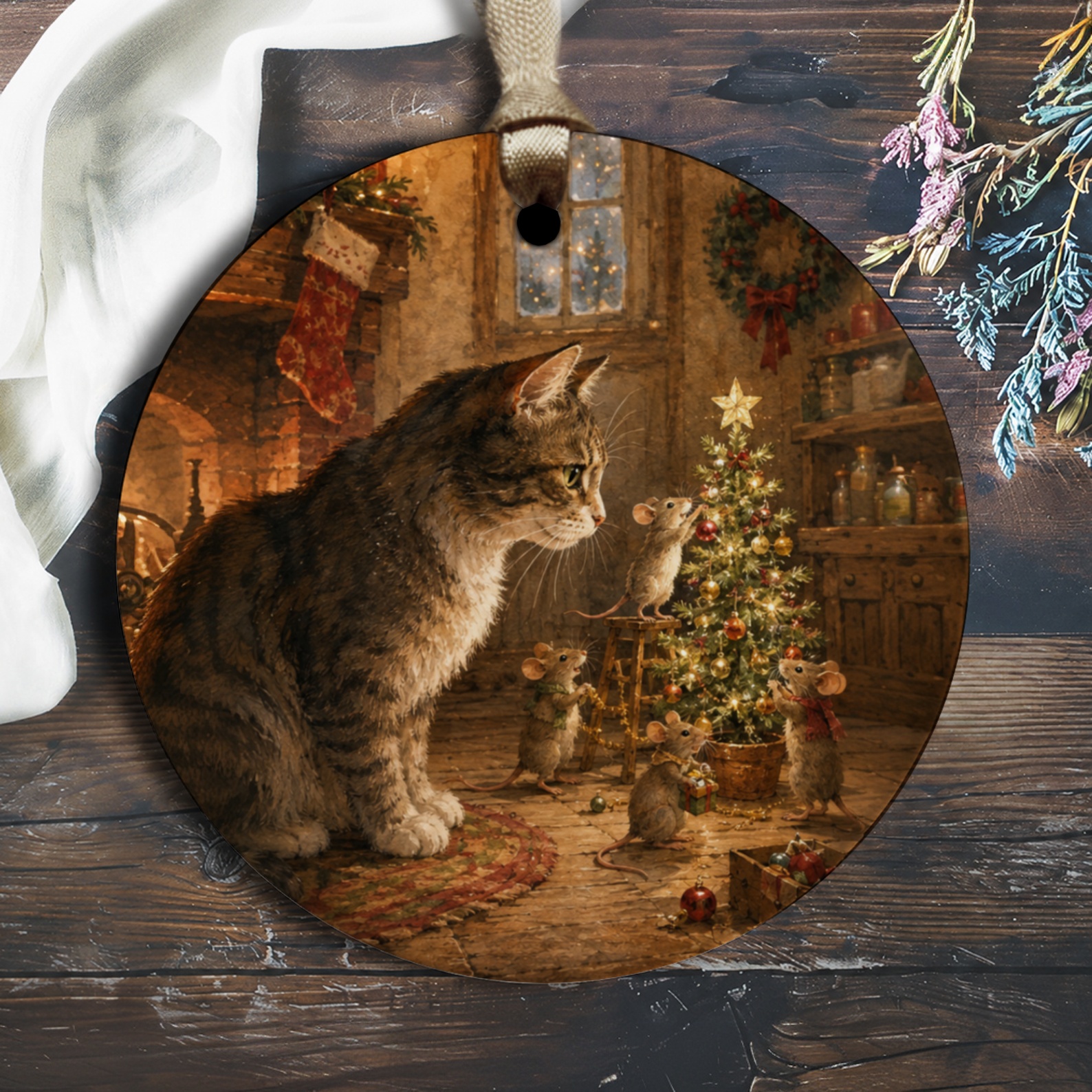 Cat And Mice Christmas Ornament Cute Holiday Decor Animal Lover Gift Festive Tree Decoration Cozy Winter Scene O1228