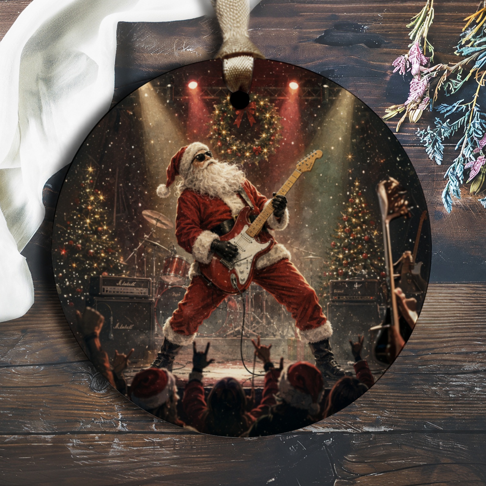 Rocking Santa Christmas Ornament Festive Holiday Decor Santa Claus Playing Guitar Music Lover Gift Tree Decoration O1235