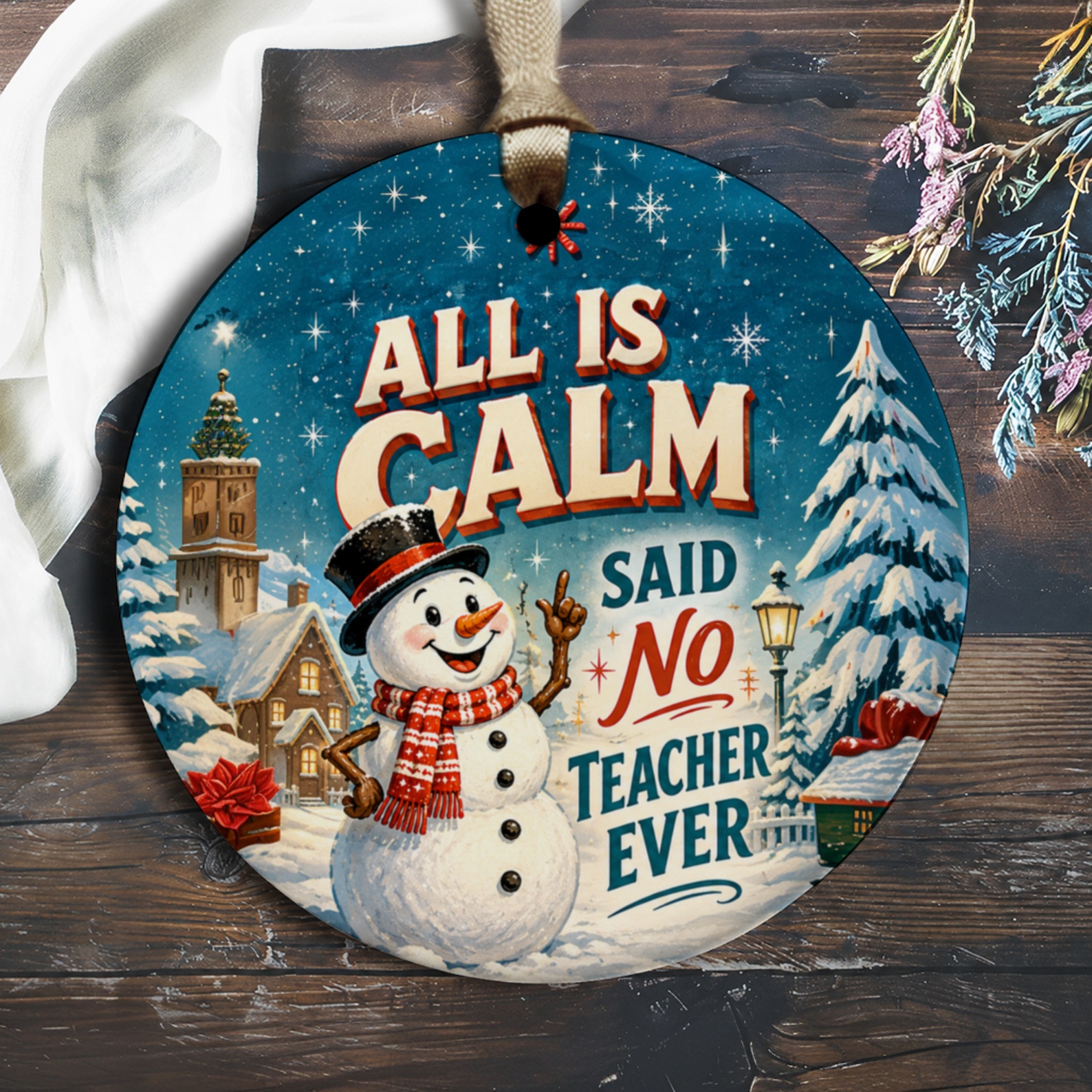 All Is Calm Said No Teacher Ever Funny Christmas Ornament Snowman Winter Scene Holiday Decor Teacher Gift O1181