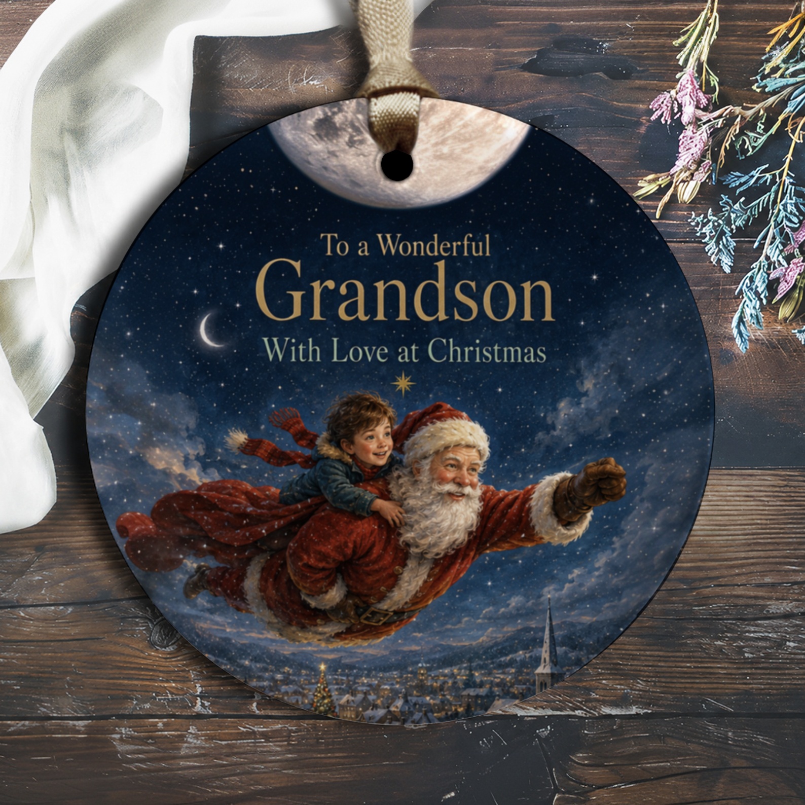 To A Wonderful Grandson With Love At Christmas Ornament Santa And Child Flying Holiday Decor Festive Keepsake Gift O1239