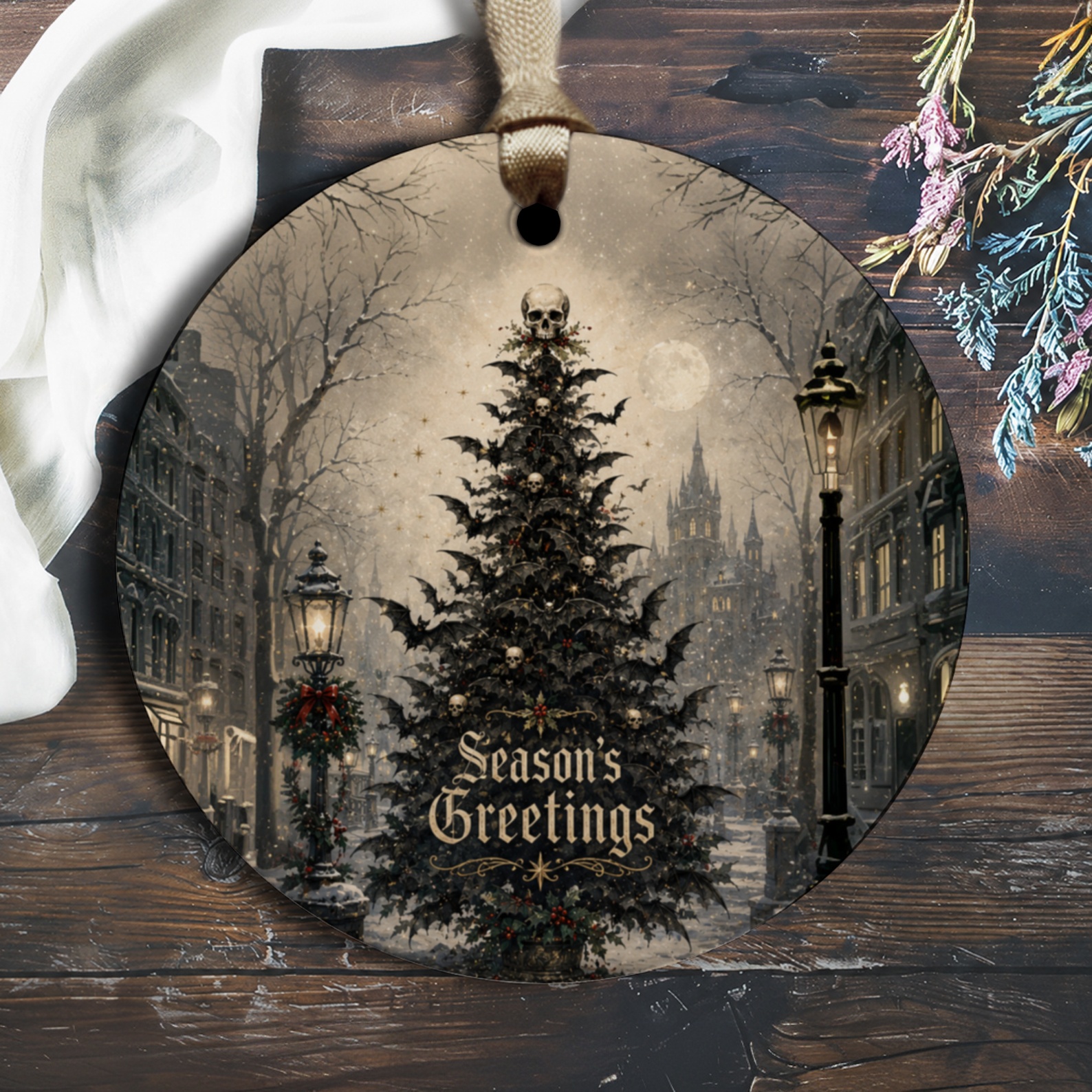 Season's Greetings Gothic Christmas Ornament Dark Holiday Decor Skull Tree Unique Seasonal Decoration O1188