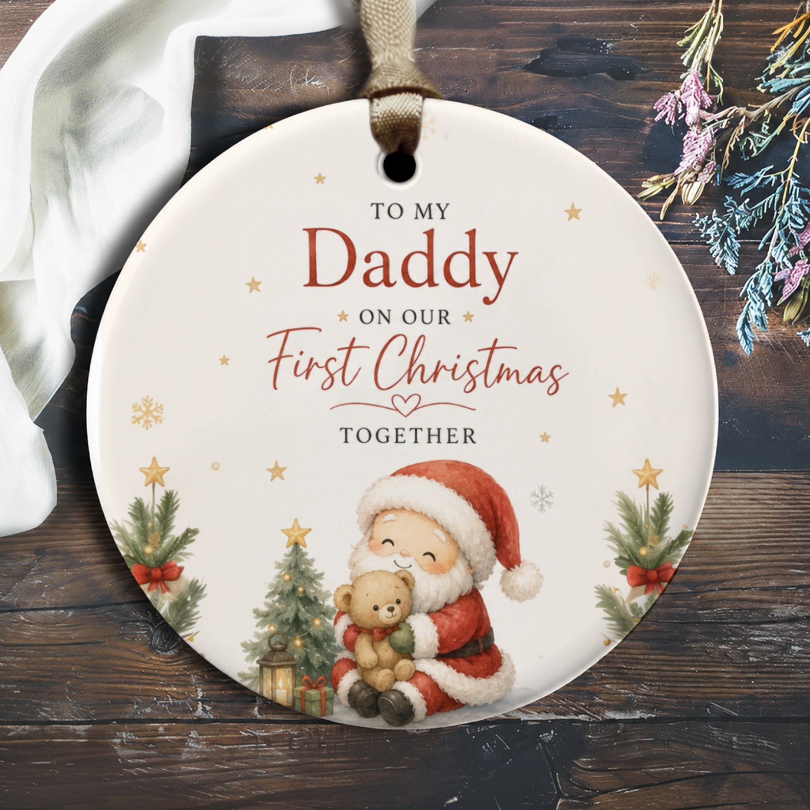 To My Daddy On Our First Christmas Together Ornament Cute Santa With Teddy Bear Christmas Ornament For Dad From Baby First Xmas O1253