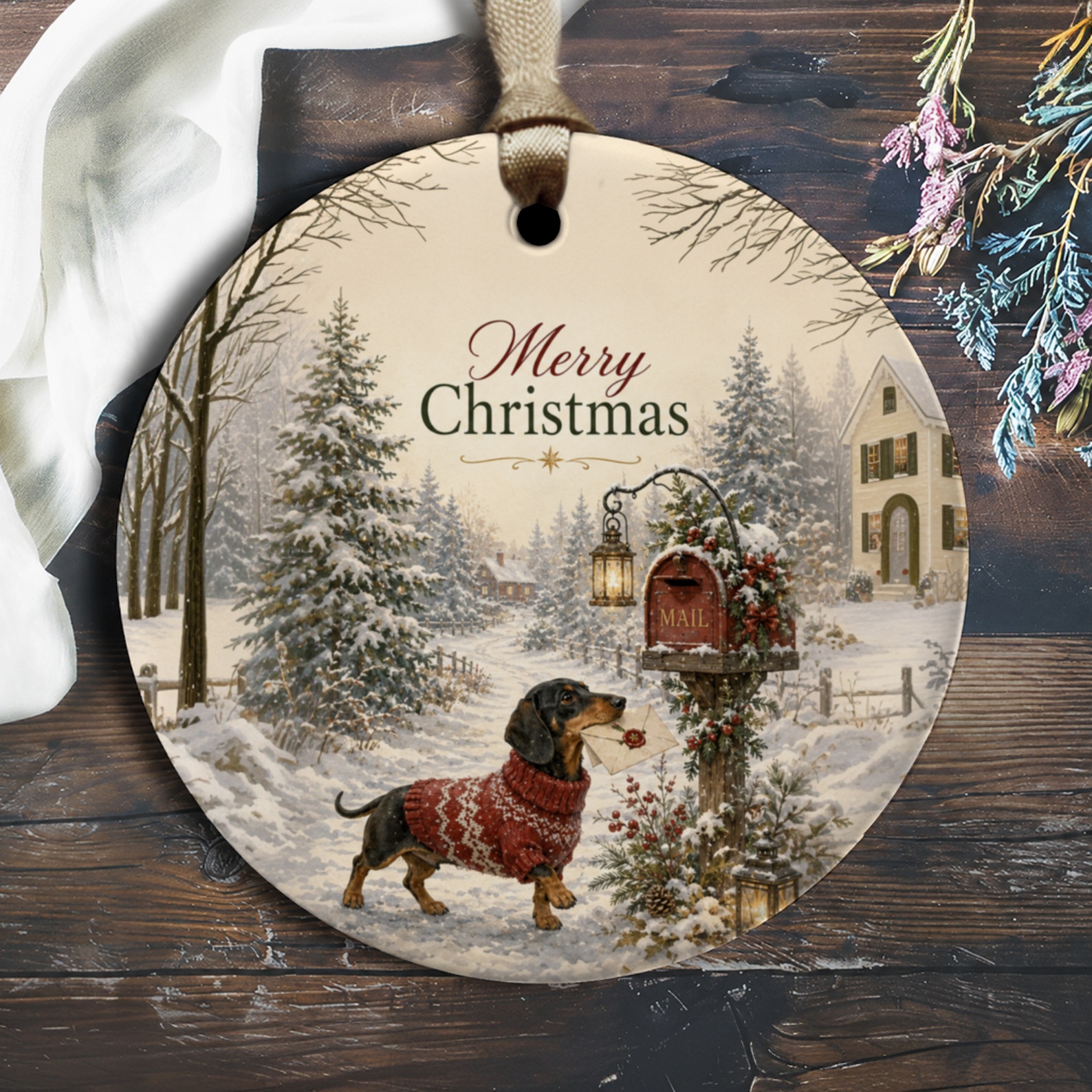 Merry Christmas Ornament Cute Dog In Sweater With Letter Winter Scene Holiday Decor Festive Tree Decoration O1200