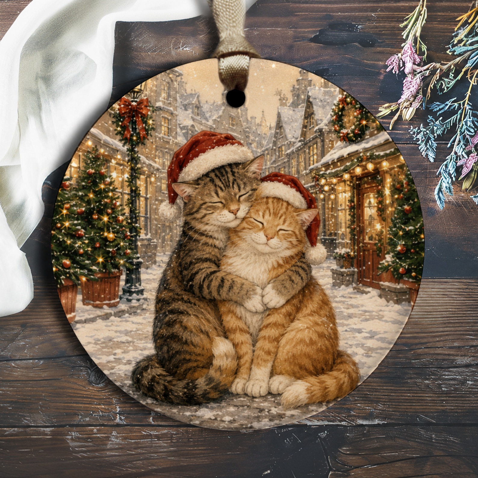 Christmas Cat Ornament Cute Cats In Santa Hats Holiday Decor Festive Winter Scene For Cat Lovers Cozy Christmas Tree Ornament O1258
