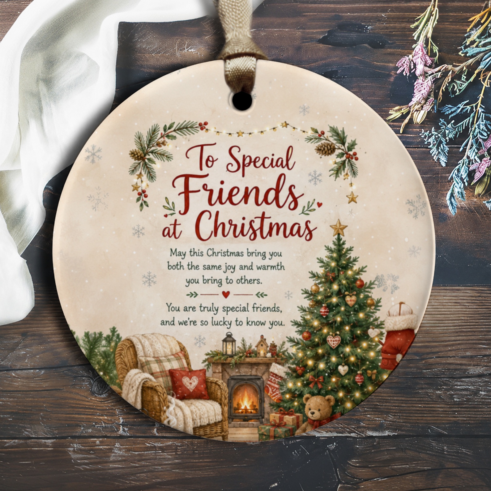 To Special Friends At Christmas Ornament Holiday Decor Christmas Tree Fireplace Scene Festive Gift For Friends Xmas Decoration O1202