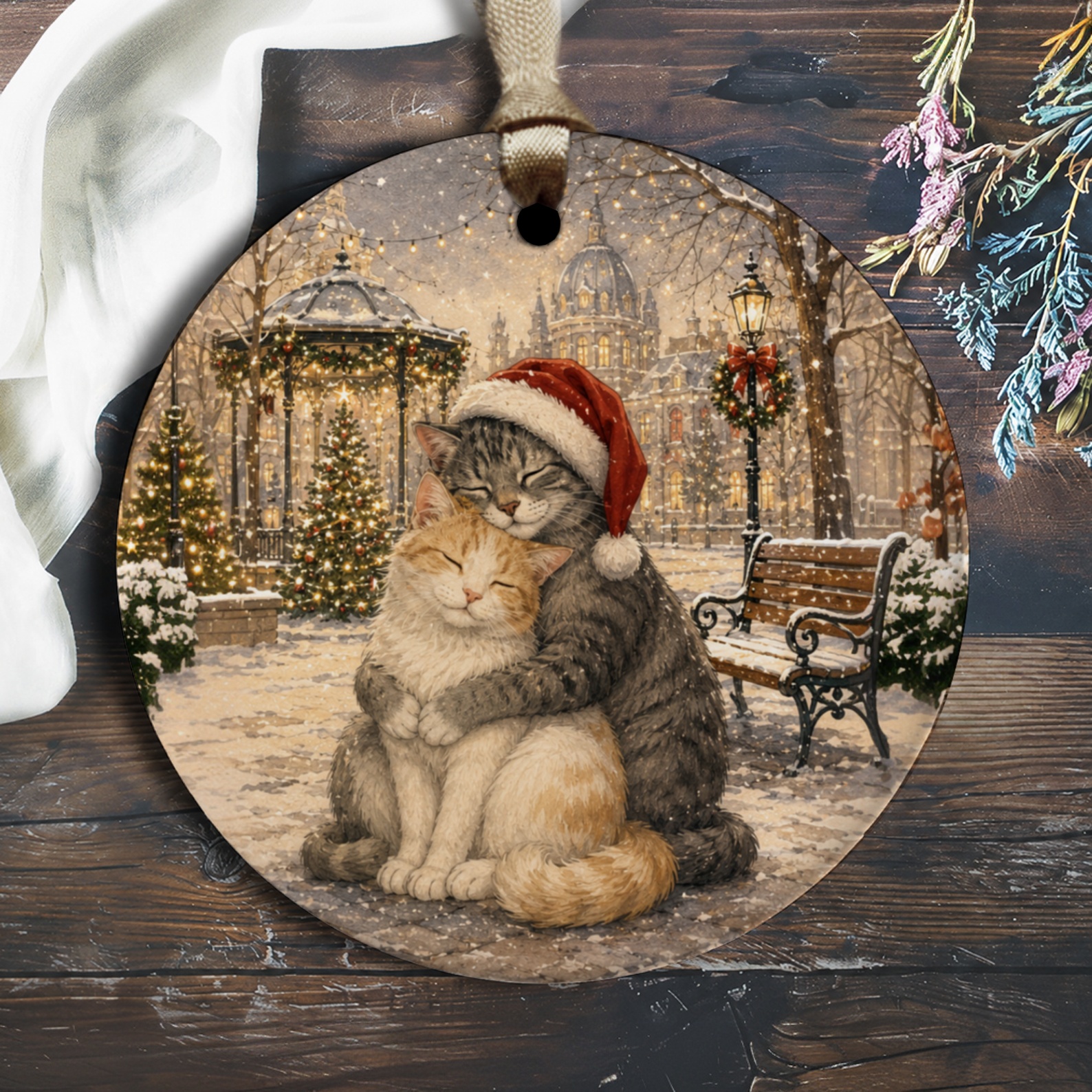 Cats In Winter Scene Christmas Ornament Cute Holiday Decor For Cat Lovers Festive Tree Decoration Cozy Winter Cats O1259