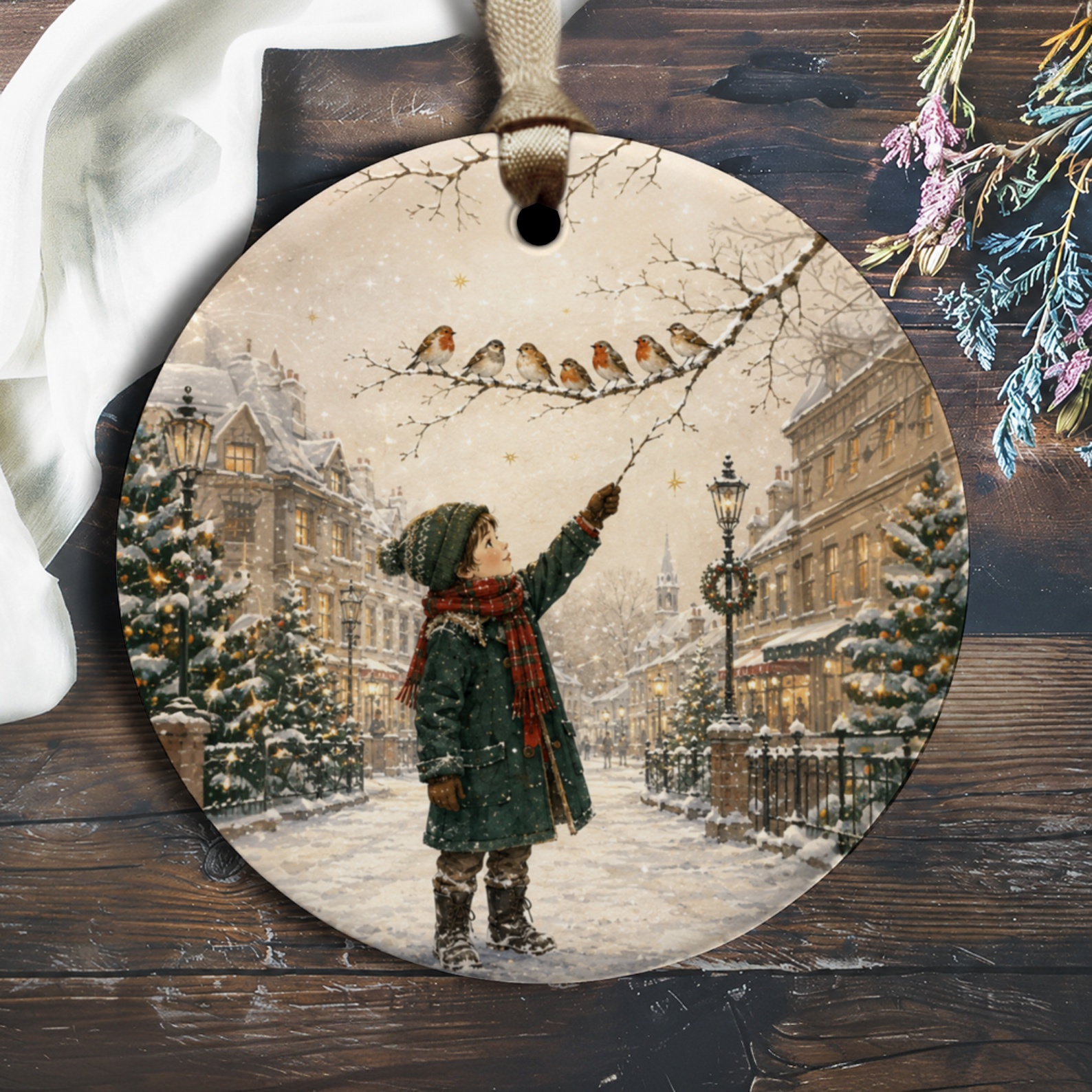 Winter Scene Ornament Christmas Decor Child With Birds Snowy Village Holiday Decoration Gift For Nature Lovers O1216