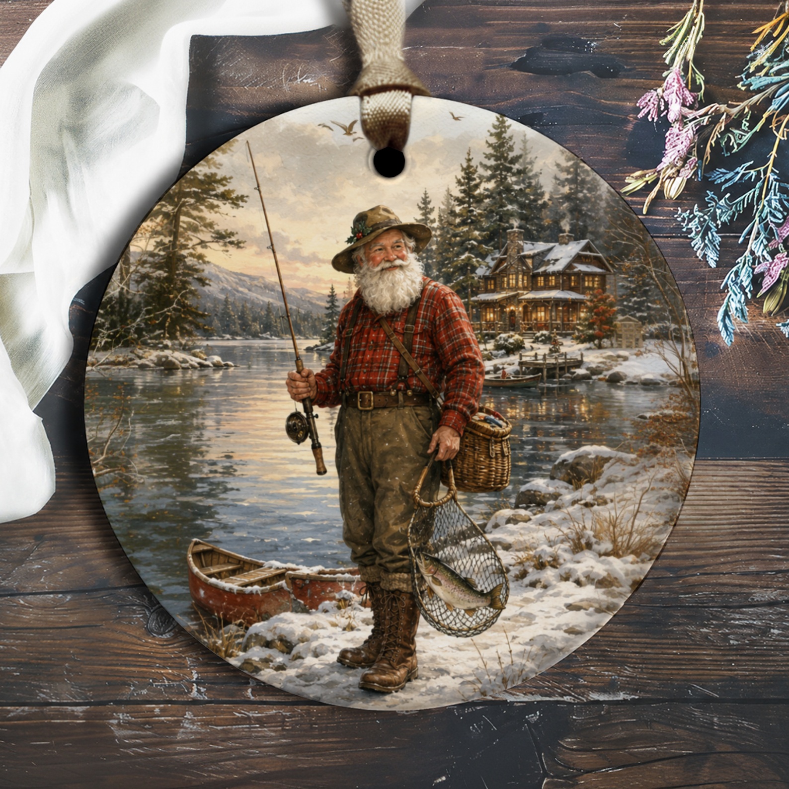 Santa Fishing Scene Christmas Ornament Rustic Holiday Decor Winter Cabin Ornament For Fisherman Nature Lover O1218