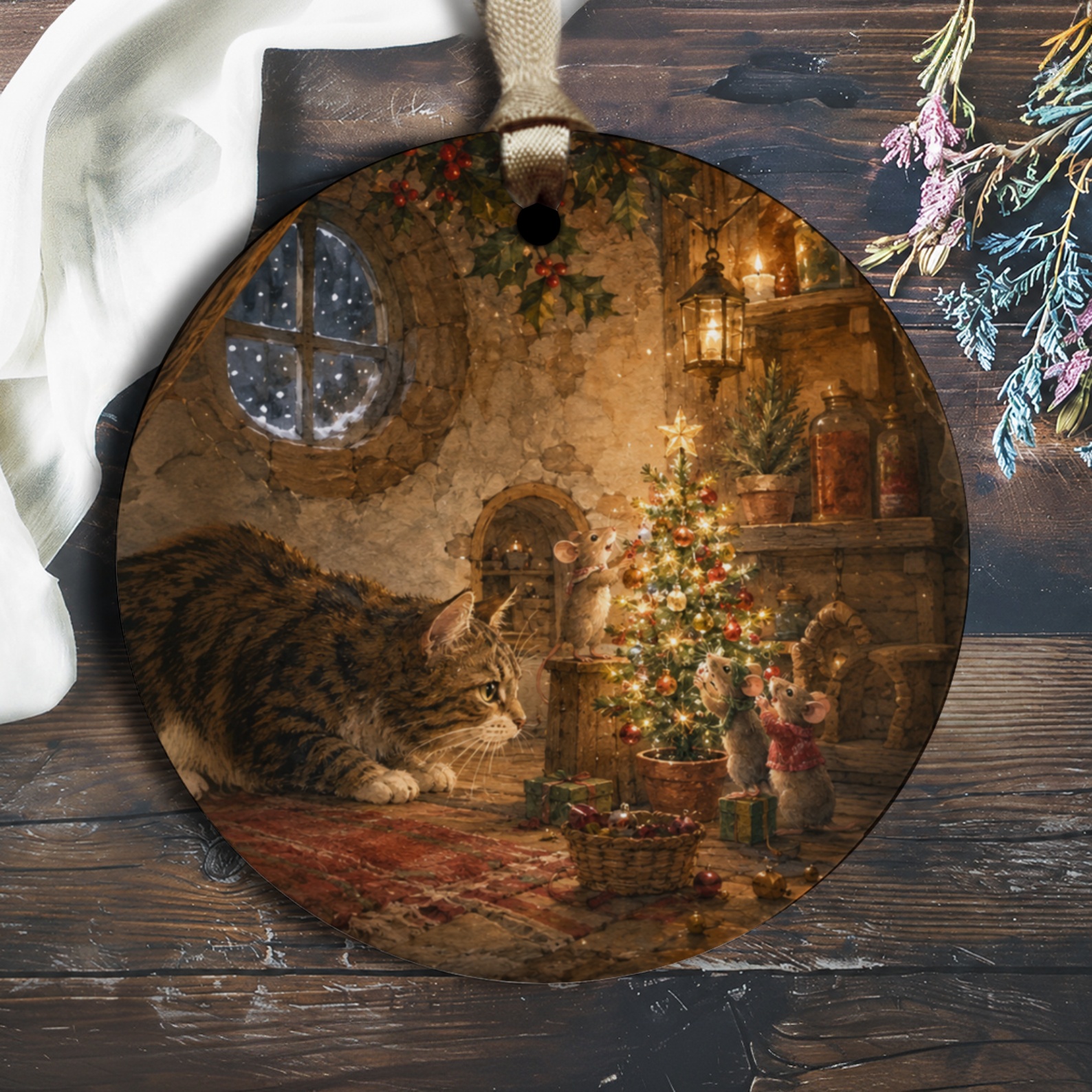 Cat And Mice Christmas Ornament Cute Holiday Decor Festive Animal Scene Winter Decoration For Cat Lovers Cozy Home Decor O1229