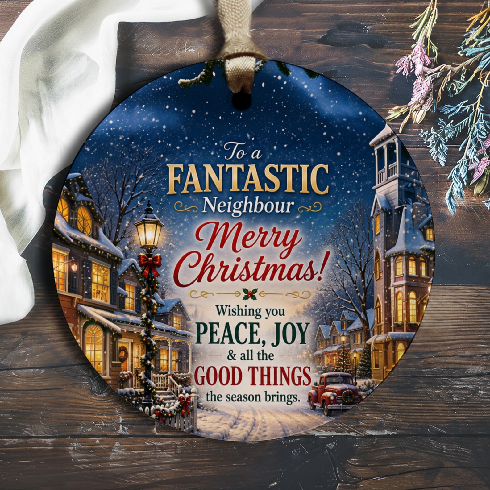 To A Fantastic Neighbour Merry Christmas Ornament Festive Winter Scene Holiday Decoration Peace Joy Gift O1230