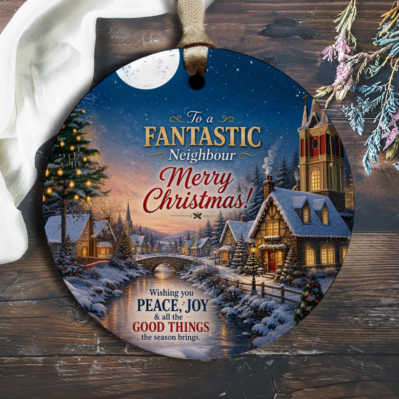 To A Fantastic Neighbour Merry Christmas Ornament Holiday Decor Peace Joy Good Things Winter Scene Gift O1231