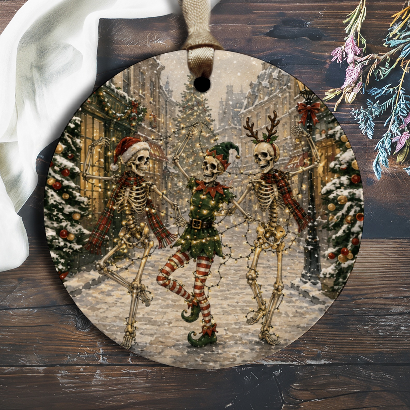 Skeleton Christmas Ornament Festive Holiday Decor Unique Skeletons In Santa Hats And Elf Costume Winter Wonderland Scene O1237