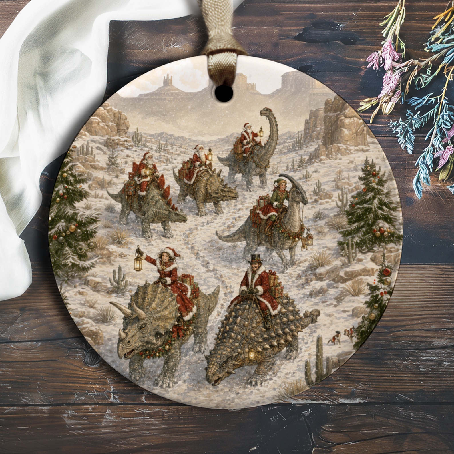 Santa And Dinosaurs Christmas Ornament Festive Holiday Decor Unique Dinosaur Lover Gift Winter Wonderland Scene O1245