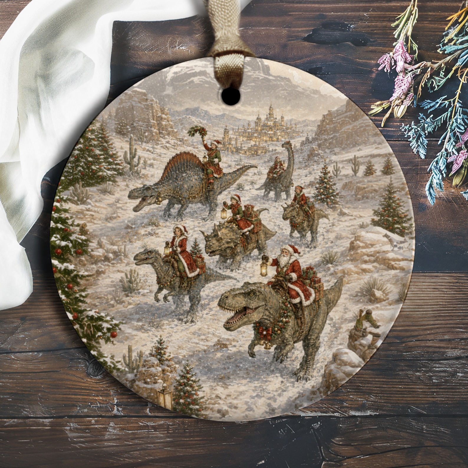 Santa And Dinosaurs Christmas Ornament Festive Holiday Decor Unique Dinosaur Lover Gift Winter Wonderland Scene O1246