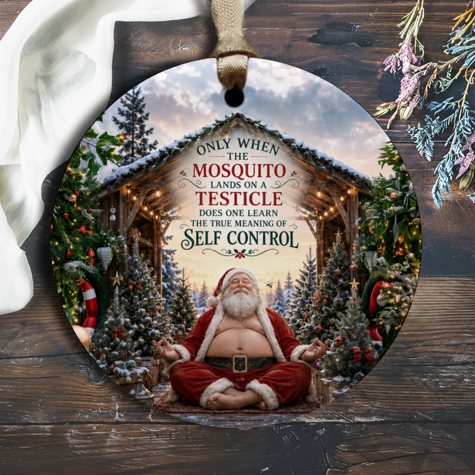 Only When The Mosquito Lands On A Testicle Christmas Ornament Funny Santa Meditation Holiday Decor Gift O1260