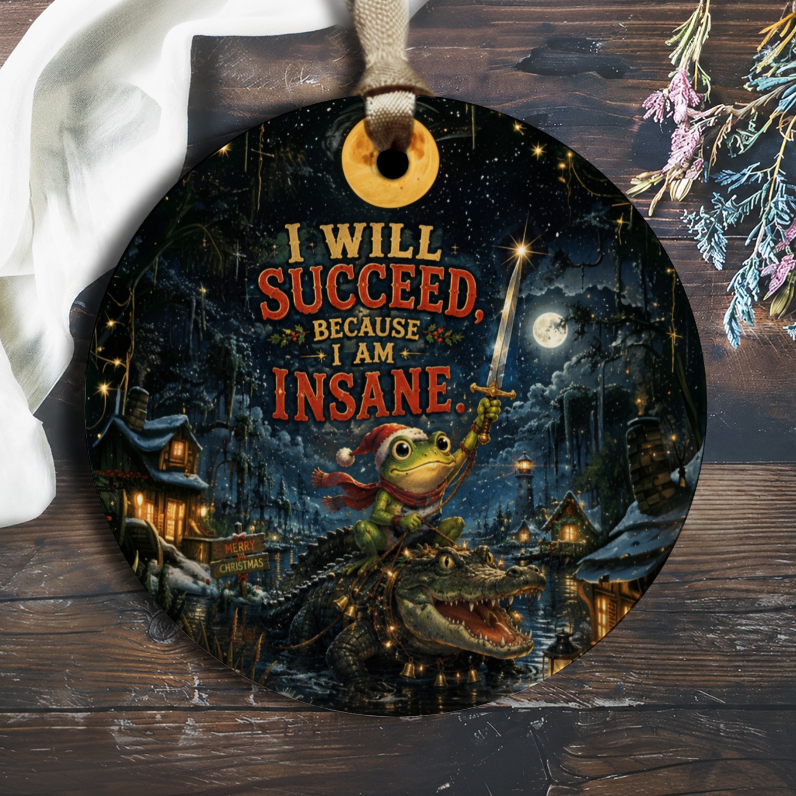 I Will Succeed, Because I Am Insane. Funny Christmas Ornament Frog Riding Alligator Holiday Decor Unique Gift Idea O1263