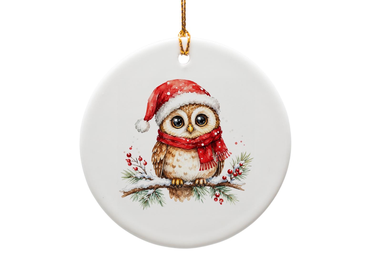 Owl In Santa Hat Christmas Ornament Cute Holiday Decor Winter Bird Lover Gift Festive Tree Decoration Watercolor Style O1177