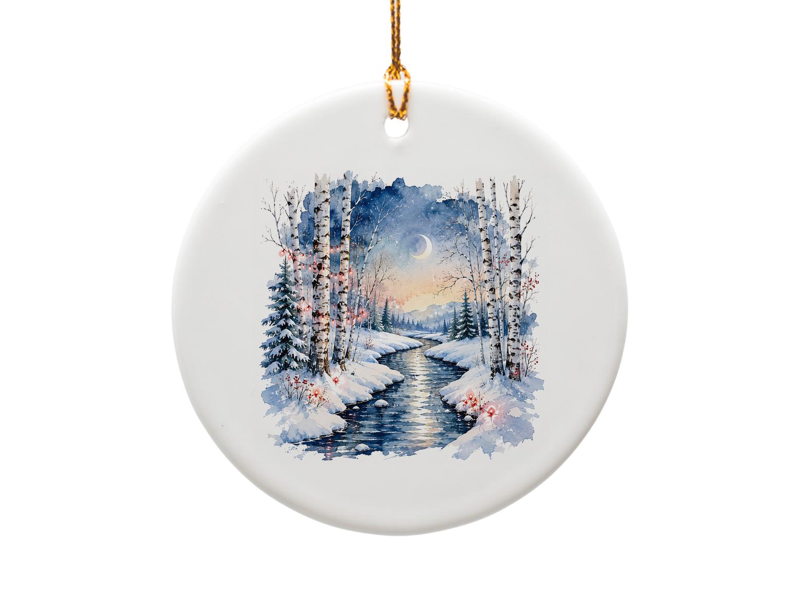 Winter Landscape Ornament Christmas Decor Snowy Forest Scene Crescent Moon Holiday Decoration Gift For Nature Lover O1182