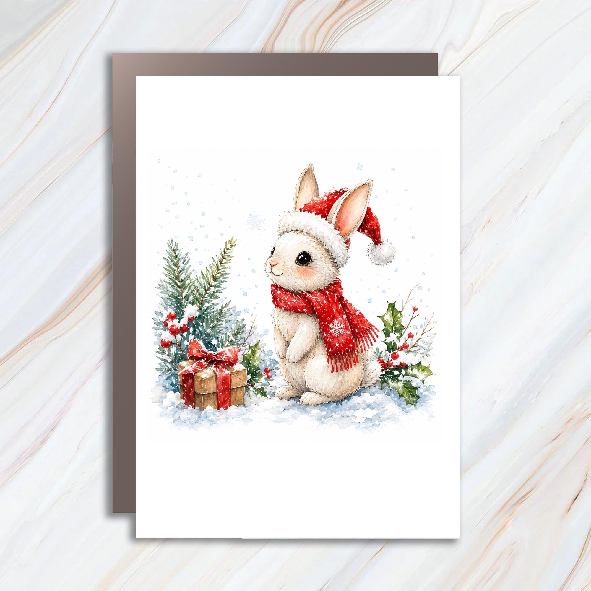 Christmas Bunny Card Cute Holiday Greeting Card Winter Animal Card For Kids Family Festive Snowy Scene With Gift C1167
