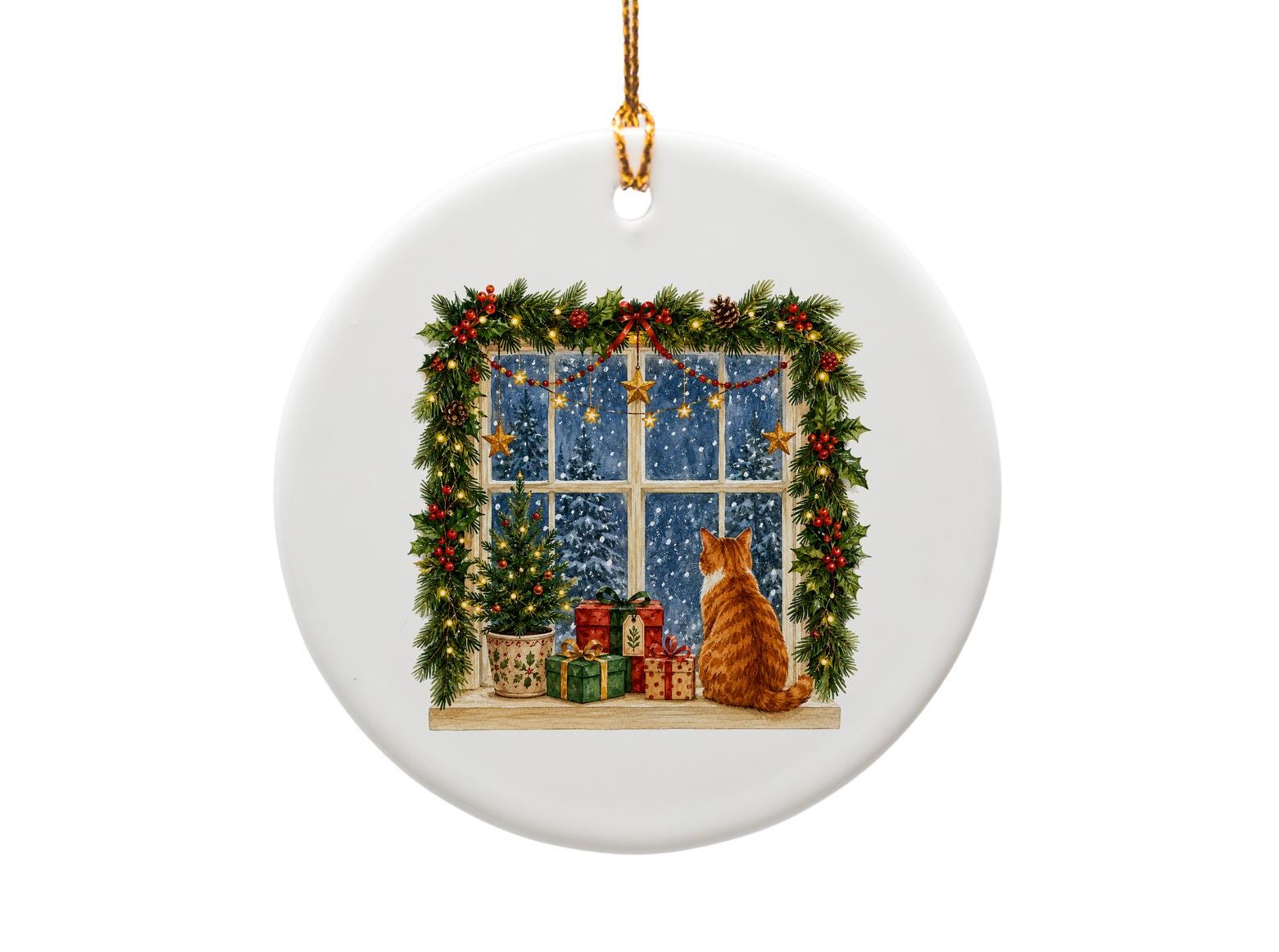 Christmas Cat Ornament Festive Holiday Decor Cute Cat By Window With Gifts Winter Scene Christmas Tree Decoration O1171