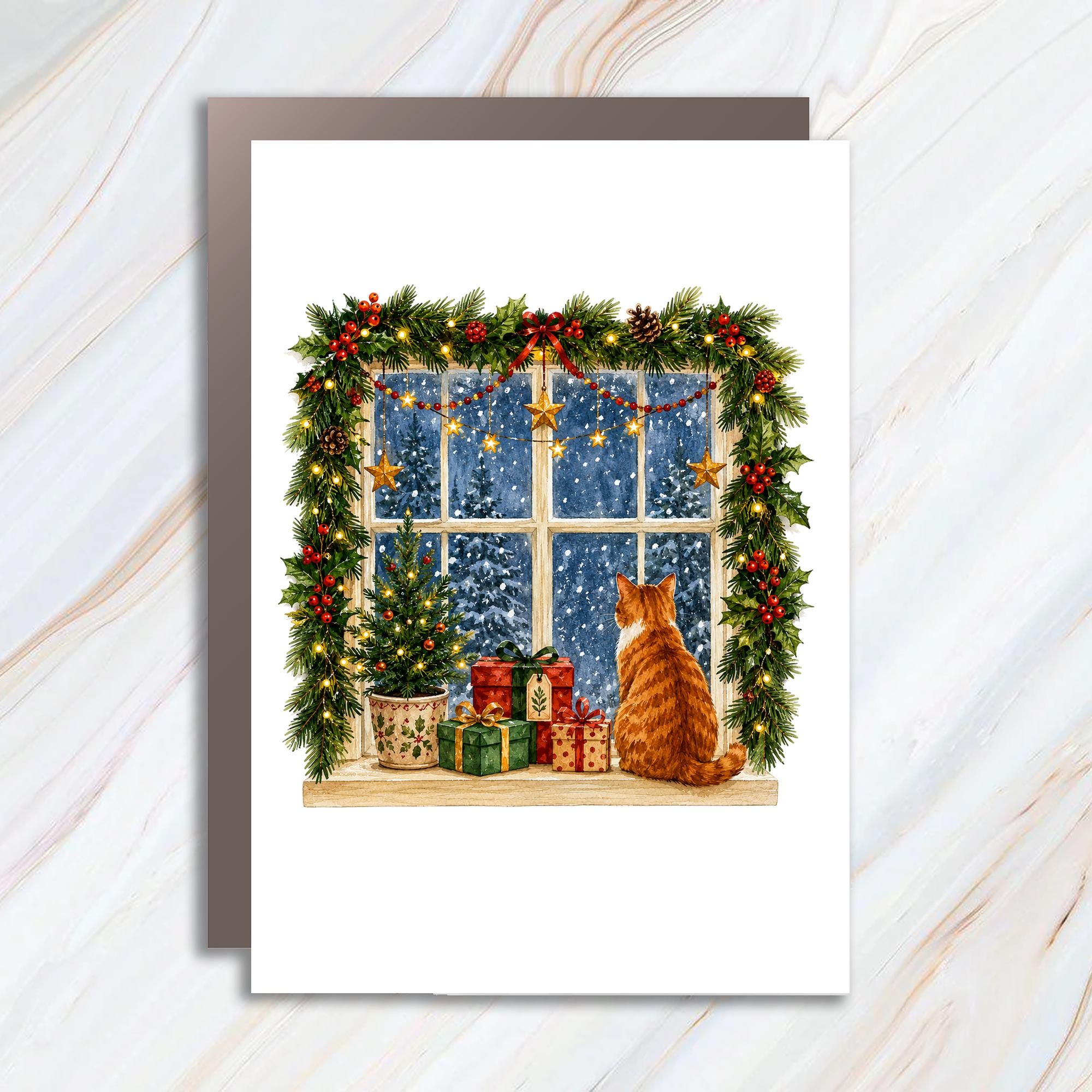 Cat Christmas Card Festive Holiday Greeting Card Cute Cat Lover Card Winter Scene With Gifts And Tree Cozy Christmas Card C1171