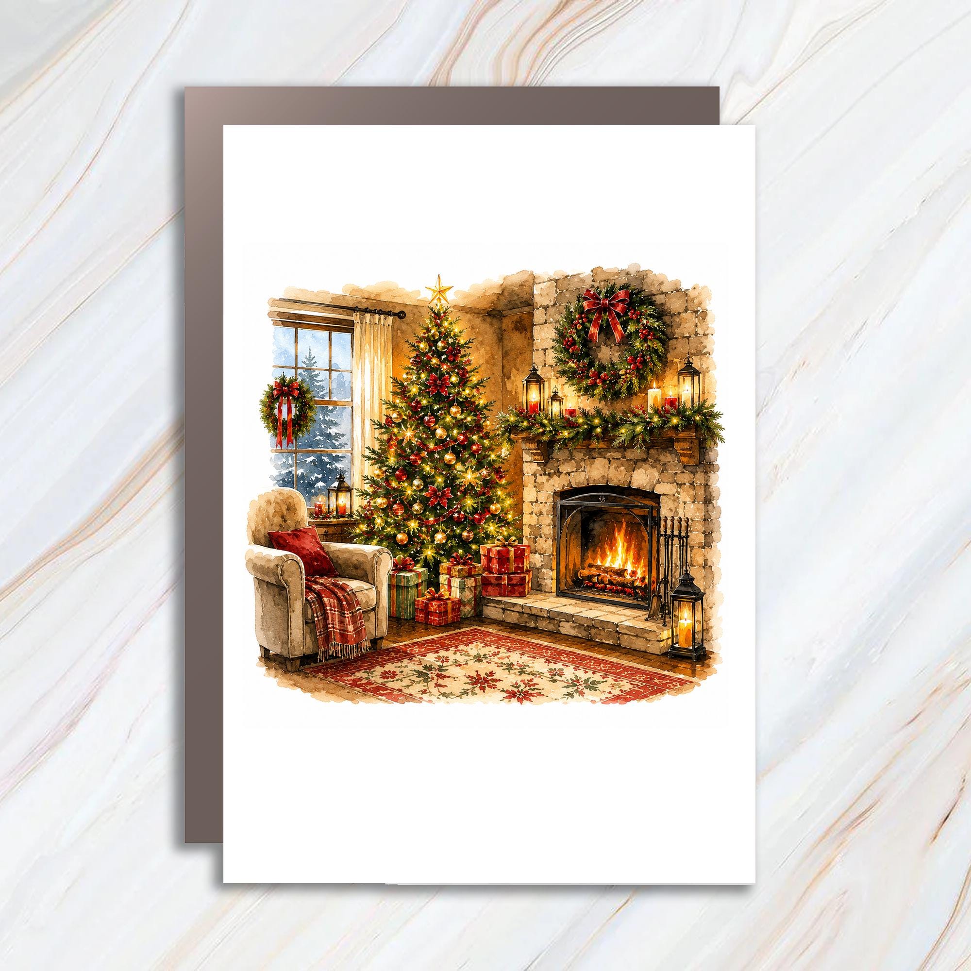 Cozy Christmas Scene Greeting Card Holiday Fireplace Tree Festive Decor Winter Wonderland Card For Family Friends C1174