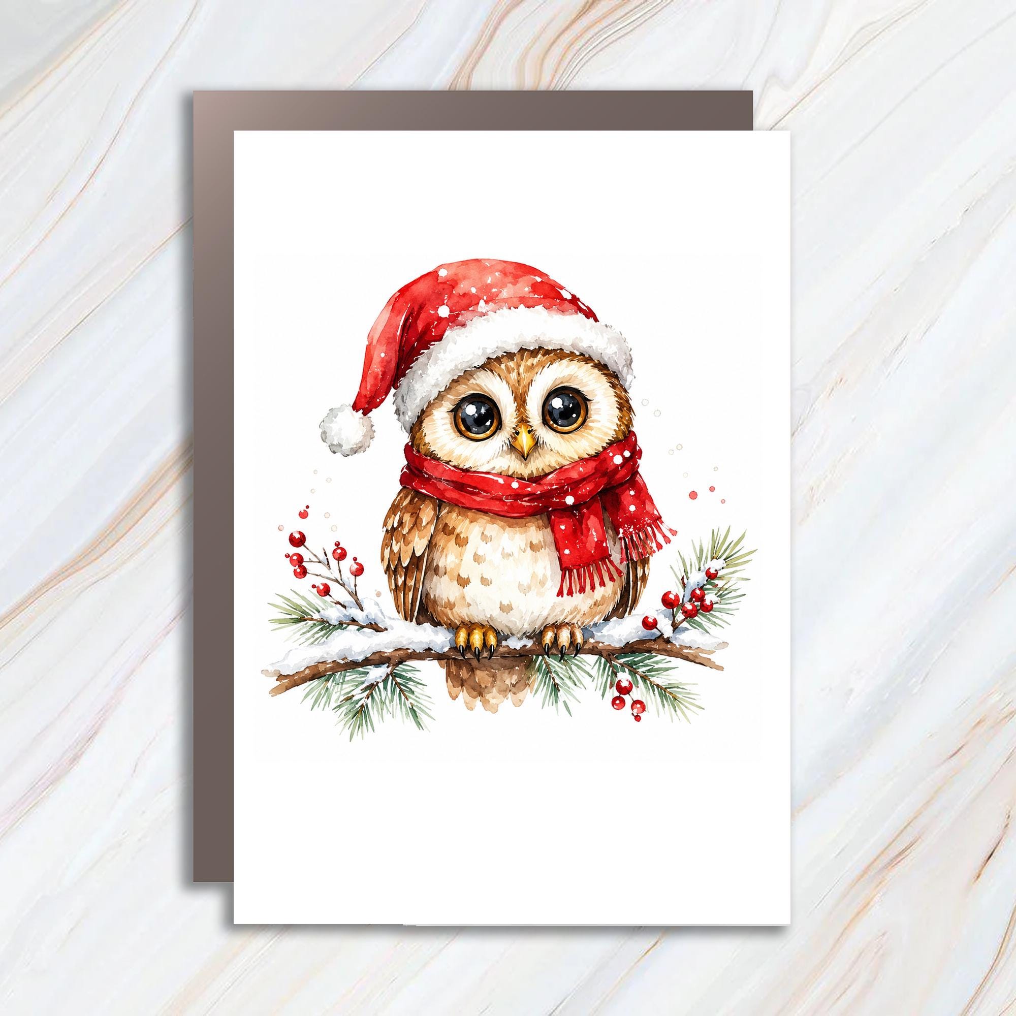 Owl In Santa Hat Christmas Card Cute Holiday Greeting Card Watercolor Animal Card For Bird Lover Festive Winter Card C1177