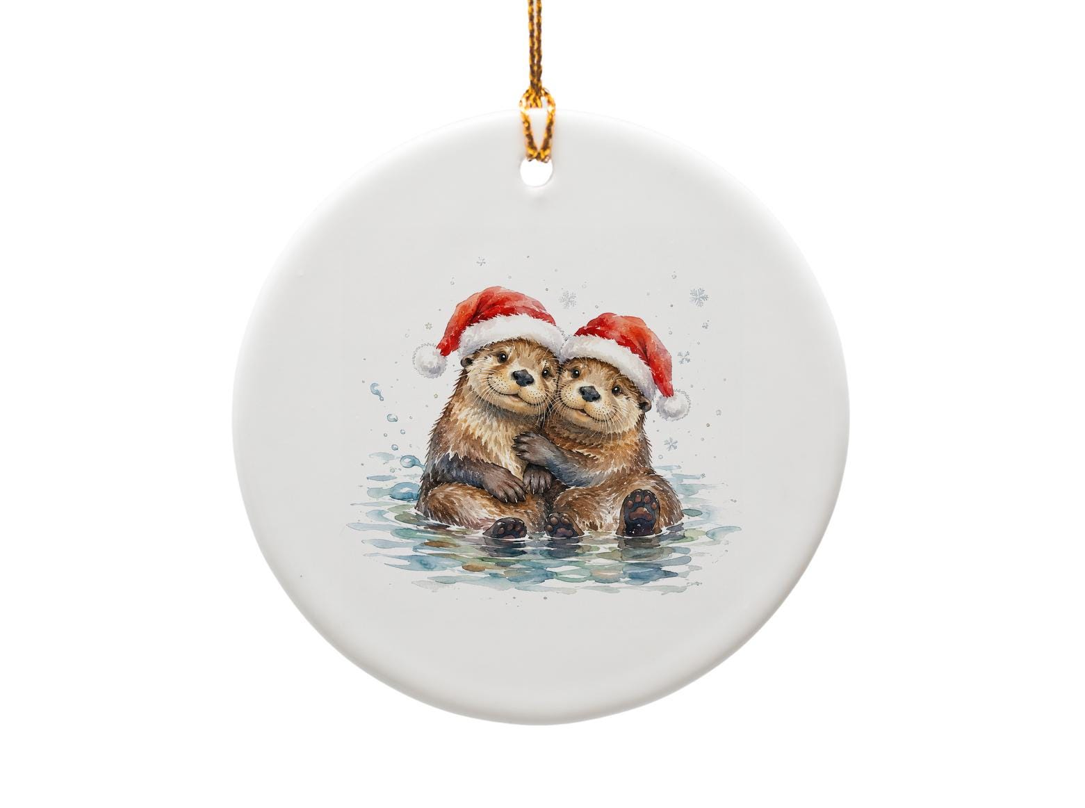 Otter Christmas Ornament Cute Animal Holiday Decor Watercolor Otters Santa Hats Winter Decoration For Animal Lovers O1178