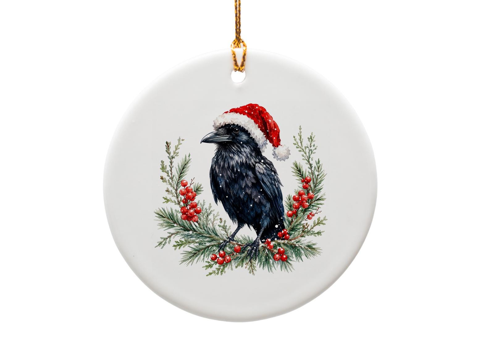 Raven Christmas Ornament Santa Hat Holiday Decor Winter Bird Pine Berries Festive Home Decoration Unique Gift O1179